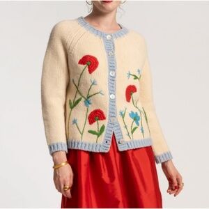 Frances Valentine Cardigan Womens Medium POPPY Embroidered 100% Lambswool Knit